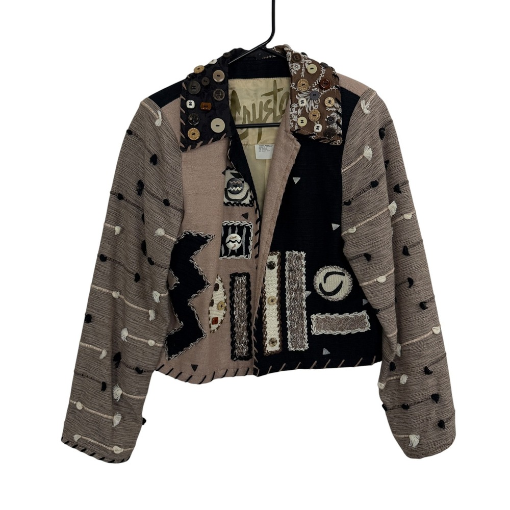 Crystal Handwovens Jacket Womens XS Black Tan Patchwork Button Collar Art Wear